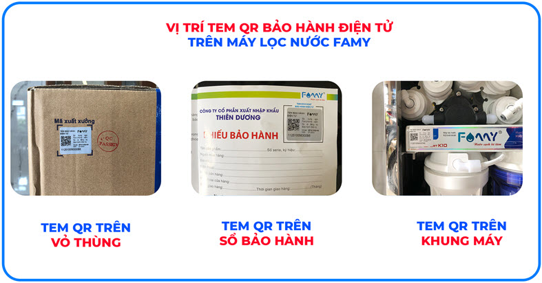 Vị trí tem QR bảo hành điện tử trên Máy lọc nước Famy